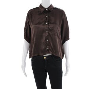 Rose & Crwon Womens Collared Short Sleeve Buttoned Cropped Blouse Brown Size XS